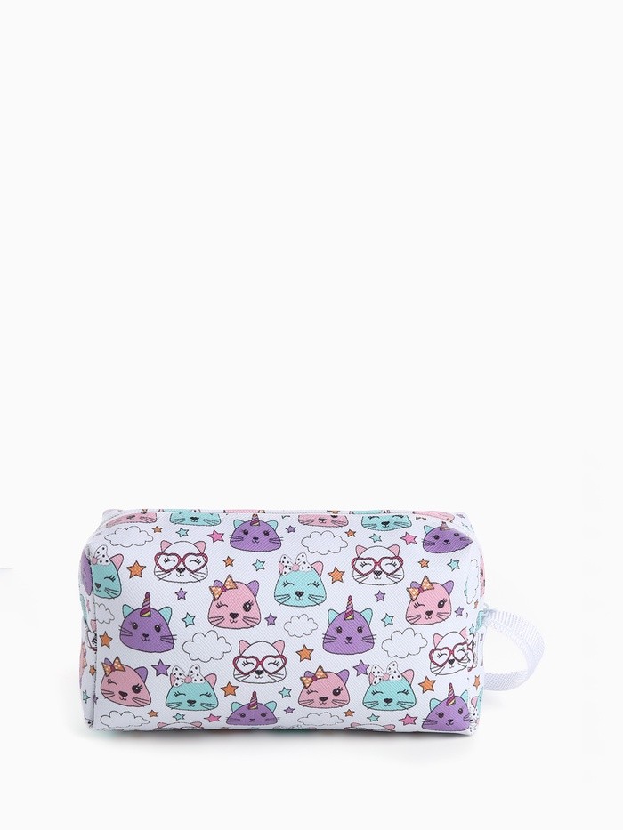 Косметичка на молнии с ручкой, объёмная, маленькая, с принтом «Волшебные котята», белая