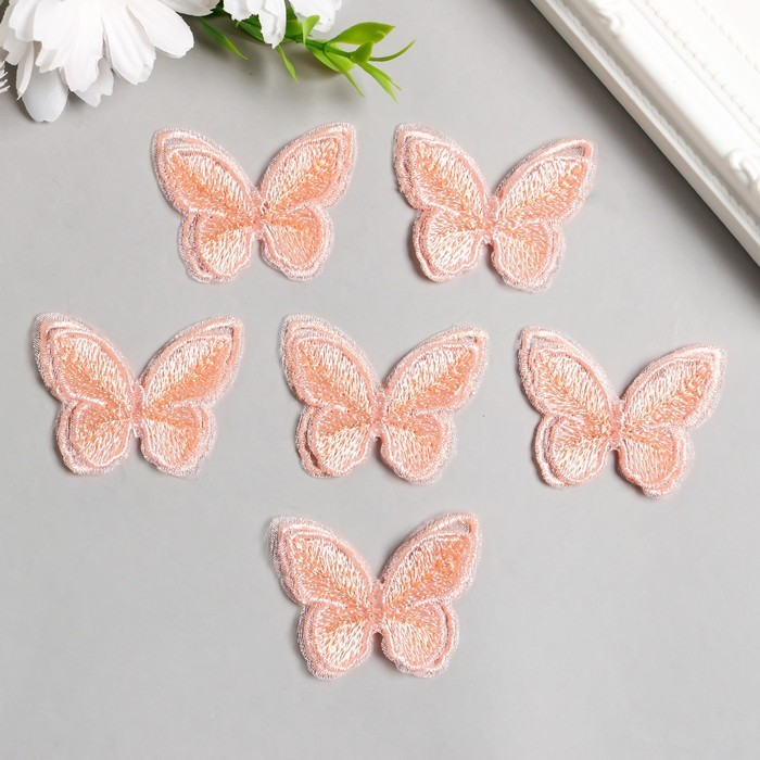 Декор для творчества текстиль вышивка "Бабочка персиковая" двойные крылья 3,7х4,5 см