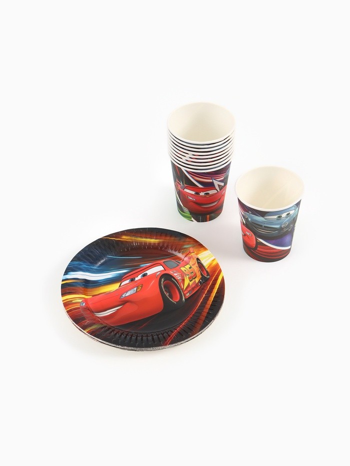 Посуда одноразовая бумажная на 10 персон: стаканы, тарелки, скатерть, Тачки