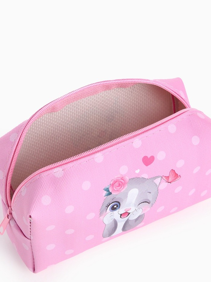 Косметичка на молнии с ручкой, объёмная, маленькая, с принтом «Милая кошка», розовая