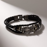 Браслет кожа «Совушка», чёрный в серебре, L=20 см