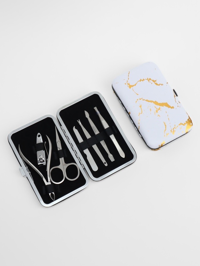 Набор маникюрный, 7 предметов, в футляре, белый, золотистый Набор маникюрный, 7 предметов, в футляре, белый, золотистый