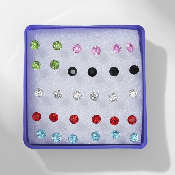 Серьги пусеты в коробочке Стразинка», 15 пар, на пластиковой ножке, цвет МИКС, d=0,4 см