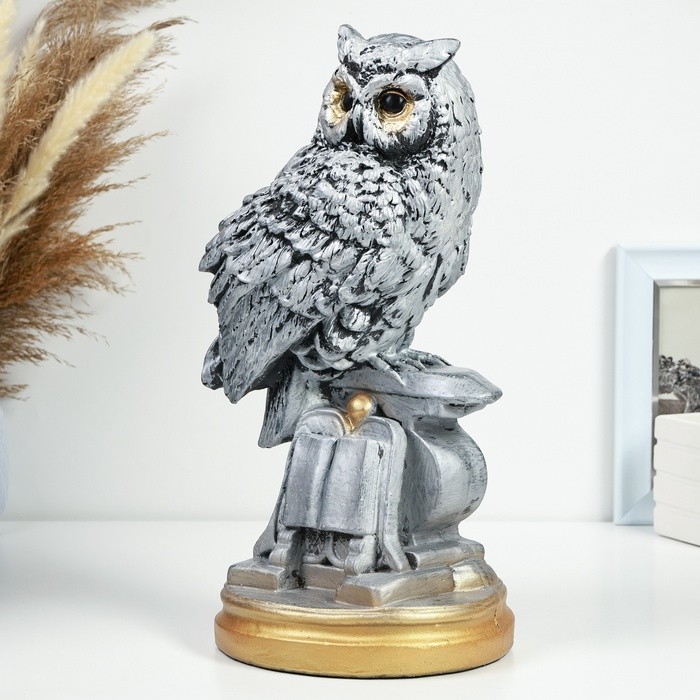 Копилка для денег «Сова с книгой», гипс, серебро, 21×17×35 см