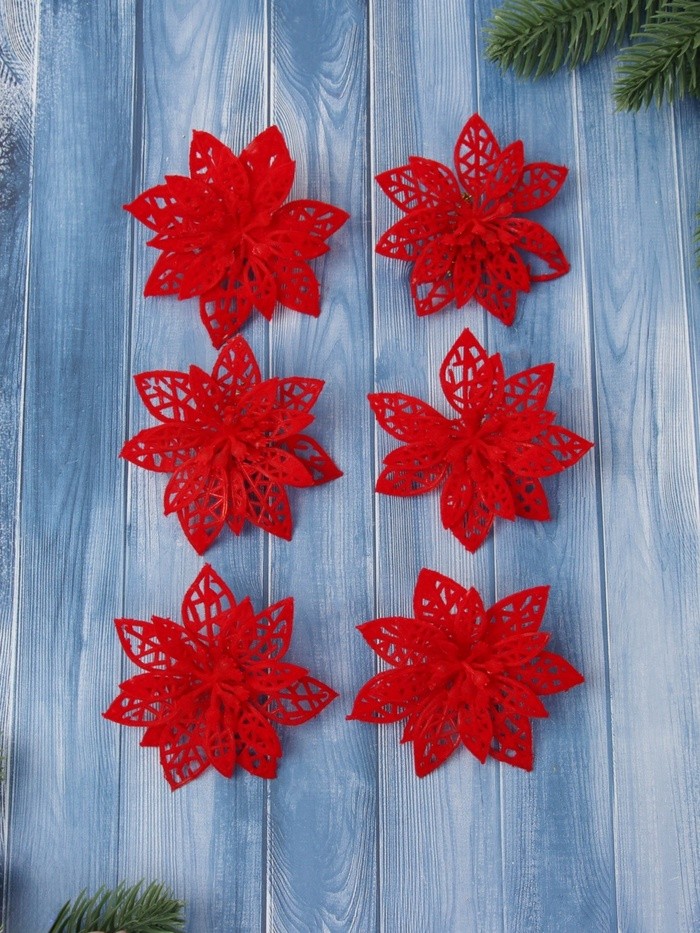 Ёлочные игрушки 6 шт. «Зимнее волшебство. Резной цветок» пластик, 7 см, красный