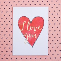 Открытка на акварельном картоне с тиснением I love you, 7.5×10.5 см