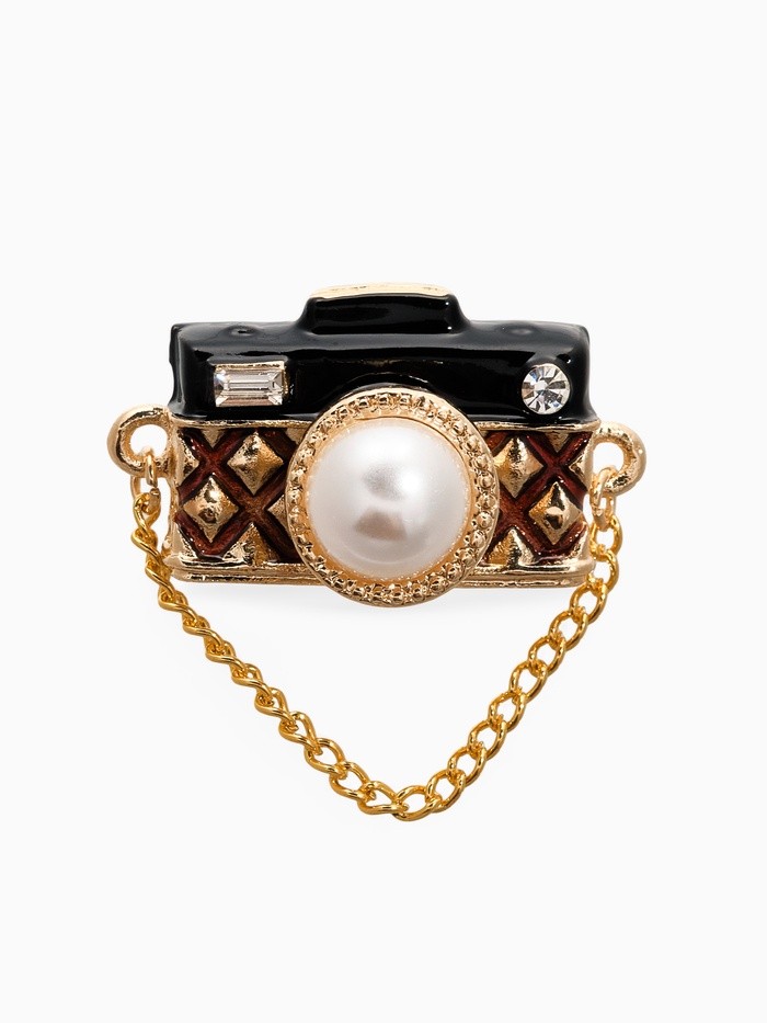 Брошь «Фотоаппарат» с жемчугом, чёрно-коричневая в золоте