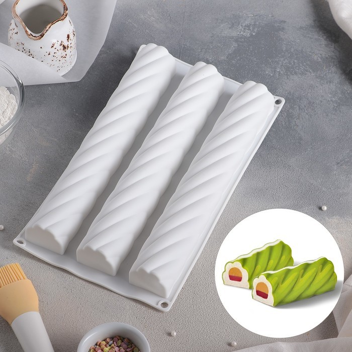 Форма для муссовых десертов и выпечки Доляна «Жгут», 30×16×3,5 см, 3 ячейки, 26,7×4,3 см, цвет белый