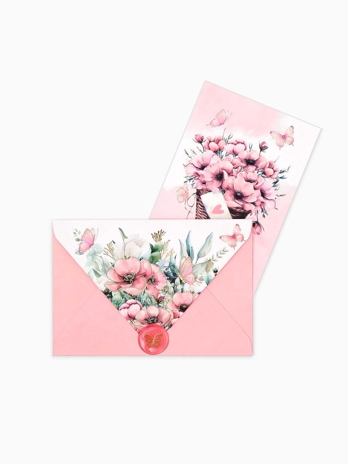 Конверт для денег с открыткой и наклейкой «Нежные цветы», тиснение, акварельный картон, 16×11 см