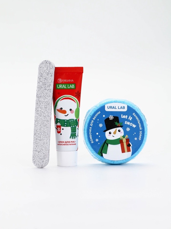 Подарочный набор в новогоднем носке «Снеговик», крем для рук, бомбочка для ванны и пилка для ногтей, URAL LAB