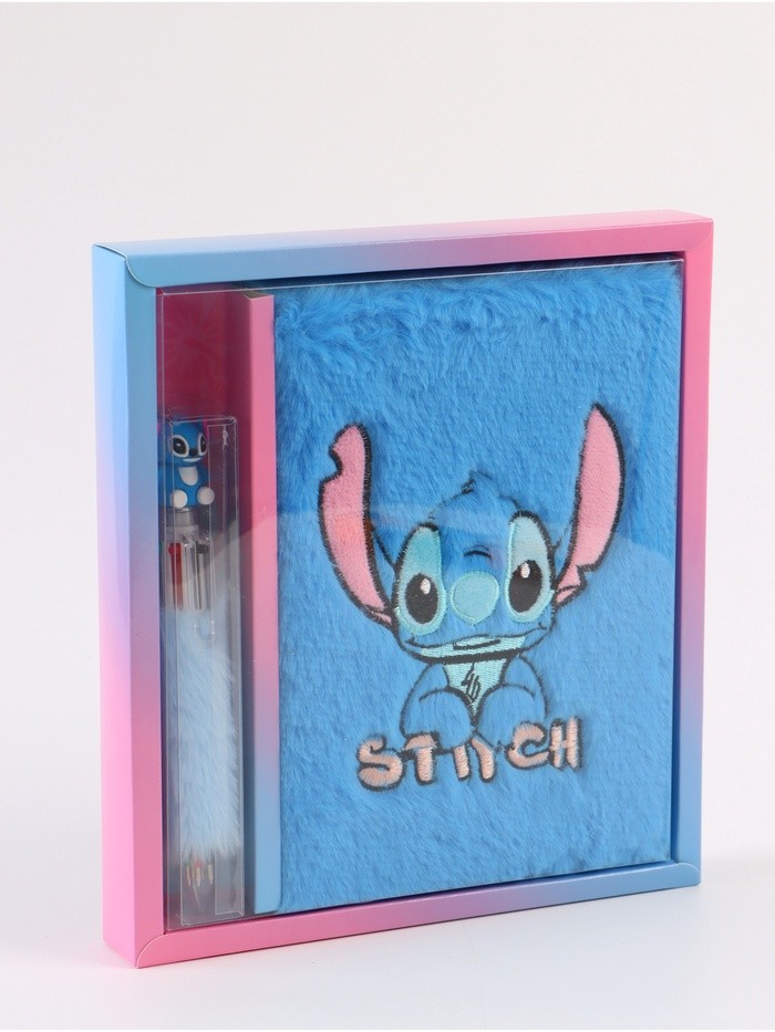 Блокнот пушистый и ручка многоцветная «Стич», голубой