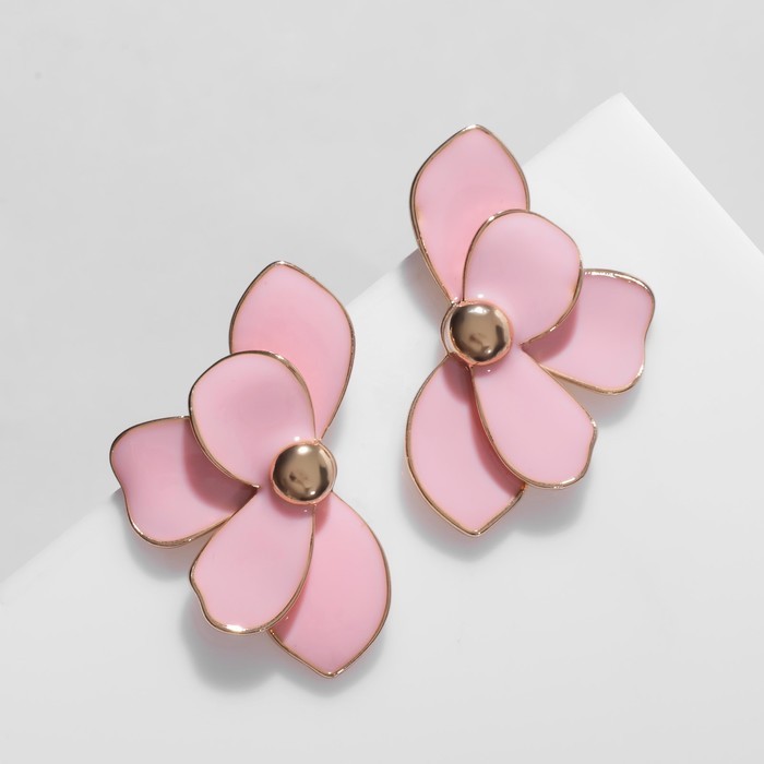 Серьги с эмалью «Цветок» половинка, цвет розовый в золоте