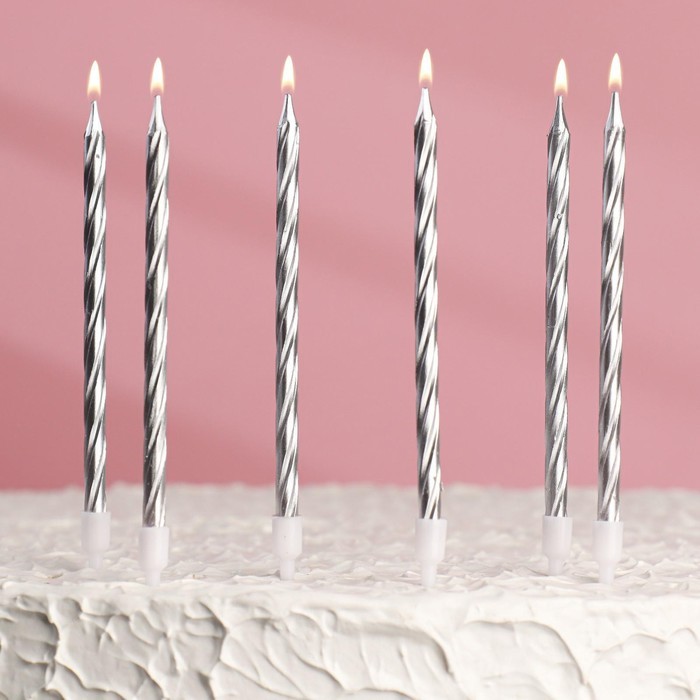 Свечи в торт «Металлик», 14 см, 6 шт. с подставкой, серебристые