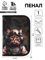 Пенал 1 секция 140 х 210 х 40 мм, откидной карман и косметичка, тканевый, Calligrata TOP Content "Кот камуфляж"