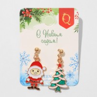 Серьги висячие «Новогодние» ёлочка и санта, цветные в золоте