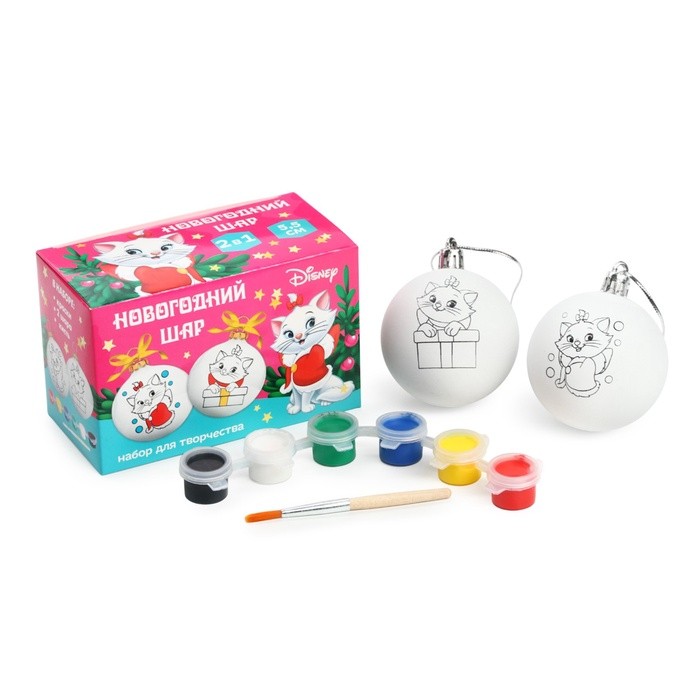 Ёлочные шары под раскраску на новый год «Кошечка Мари». d=5.5 см, 2 шт., краски, набор для творчества