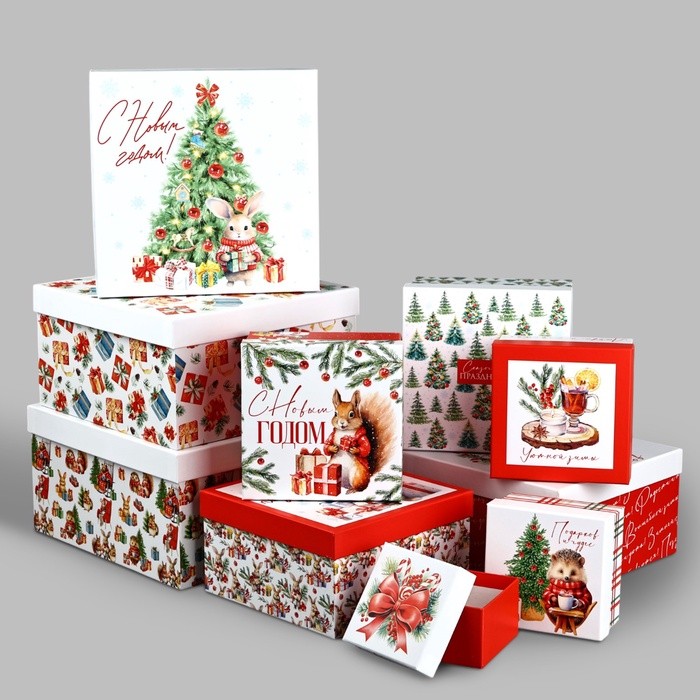 Набор новогодних подарочных коробок 10 в 1 «Уютный Новый год», 10×10×6–28×28×15 см