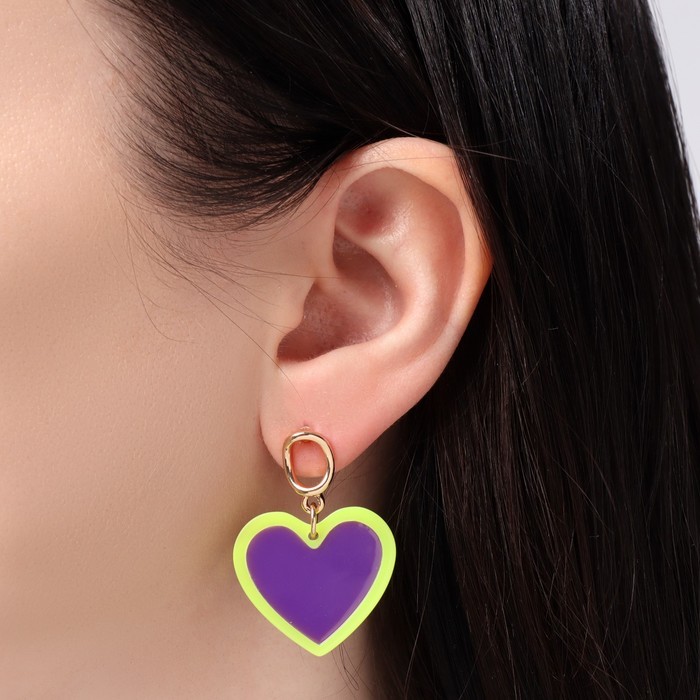 Серьги акриловые «Сердечки» неоновые, цвет фиолетово-салатовый в золоте