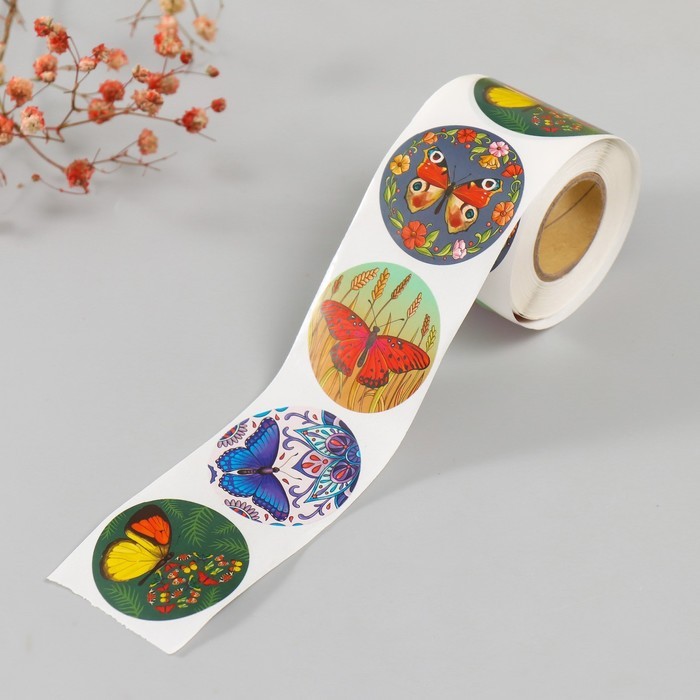 Наклейка бумага «Бабочки», d=3.8 см, 252 шт. в рулоне