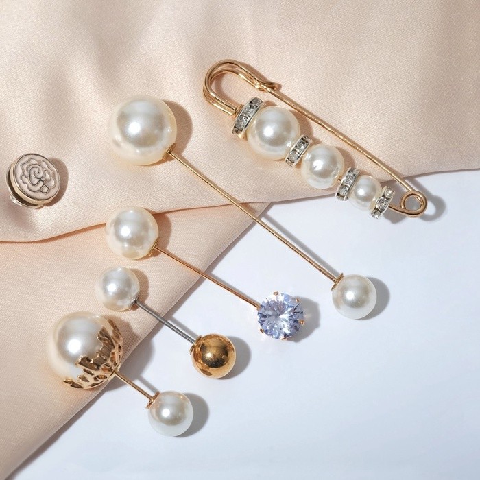 Набор булавок (6 шт.) «Жемчужное ассорти», 6.5 см, белый в золоте