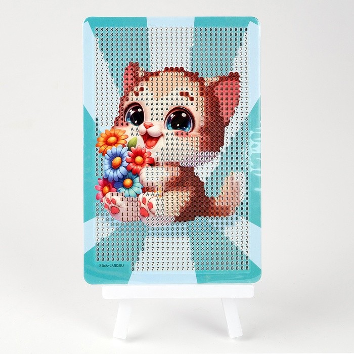 Алмазная мозаика с частичным заполнением на подставке для детей «Котёнок с букетом», 10 х 15 см, набор для творчества