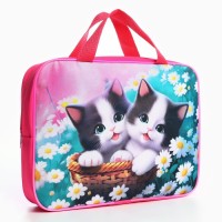 Папка для труда А4 на молнии текстиль 70 мм 350×270 дев «Котики в корзинке»