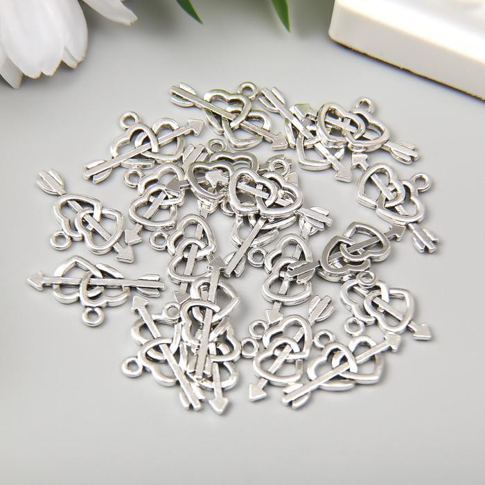 Декор металл для творчества "Двойное сердце со стрелой" серебро 1х2,3 см