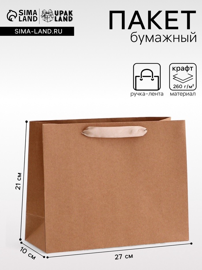 Пакет крафт без печати, горизонтальный, 27×10×21 см 260 г/м²
