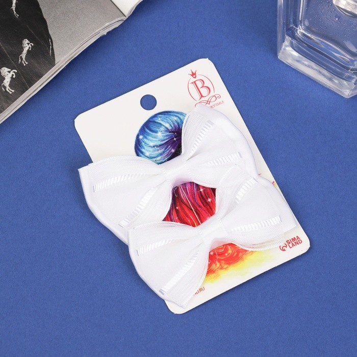 Зажим для волос "Бантик Вивиан" (набор 2 шт) классик полосы, 5,5 см, белый