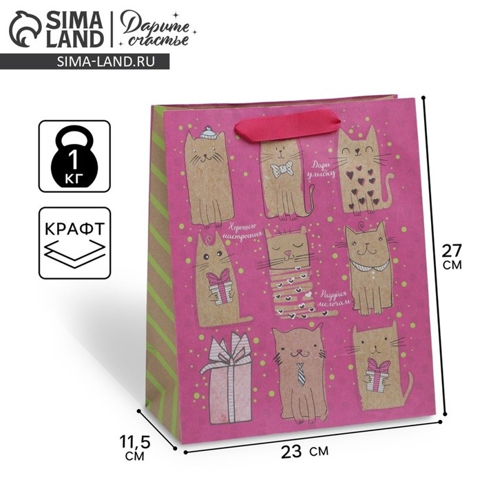 Пакет подарочный крафтовый, упаковка, «Милые котики», ML 23×27×8 см