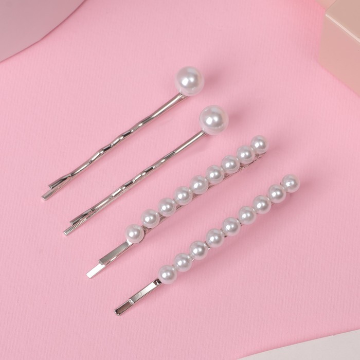 Невидимки для волос QF «Морская пена», набор 4 шт., бусины, 5 см и 5.5 см, серебристо-белые