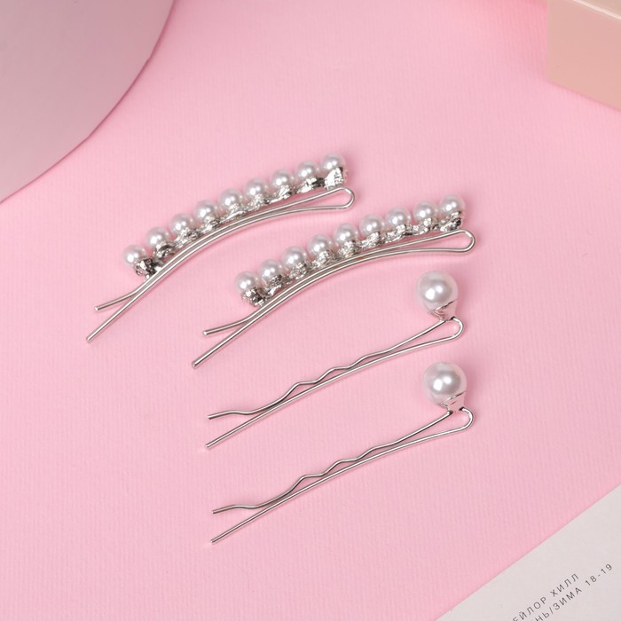 Невидимки для волос QF «Морская пена», набор 4 шт., бусины, 5 см и 5.5 см, серебристо-белые