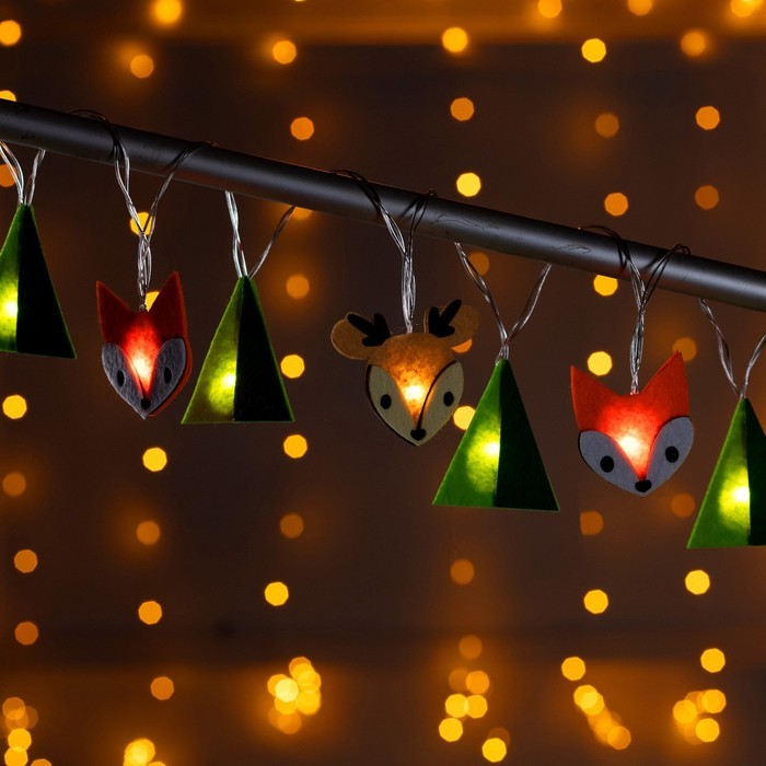Гирлянда «Нить» 1.35 м с насадками «Лисички и олени», IP20, прозрачная нить, 10 LED, батарейки AAх2 (нет в комплекте), свечение тёплое белое