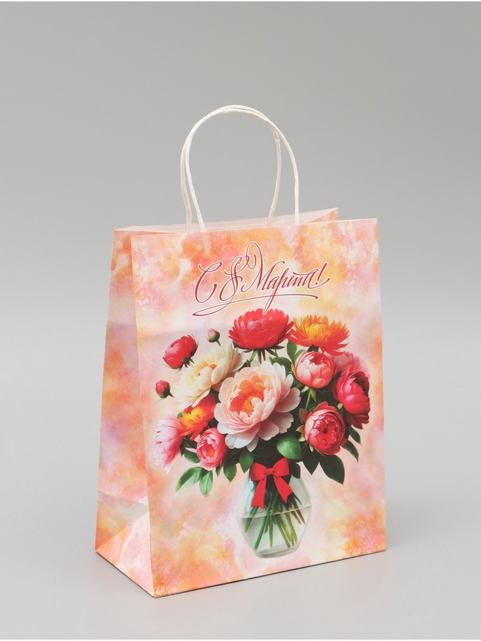 Пакет подарочный крафт «С 8 Марта!» 21×11×27 См