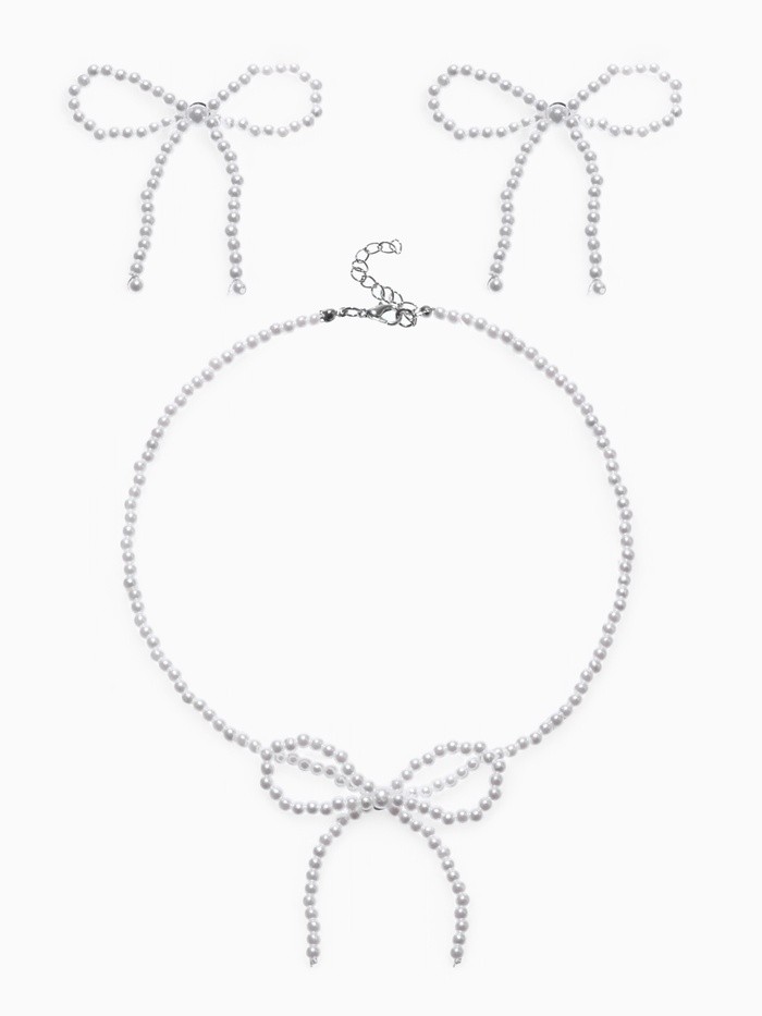 Набор 2 предмета: серьги, колье «Жемчуг» бантик, белый в серебре, 35 см