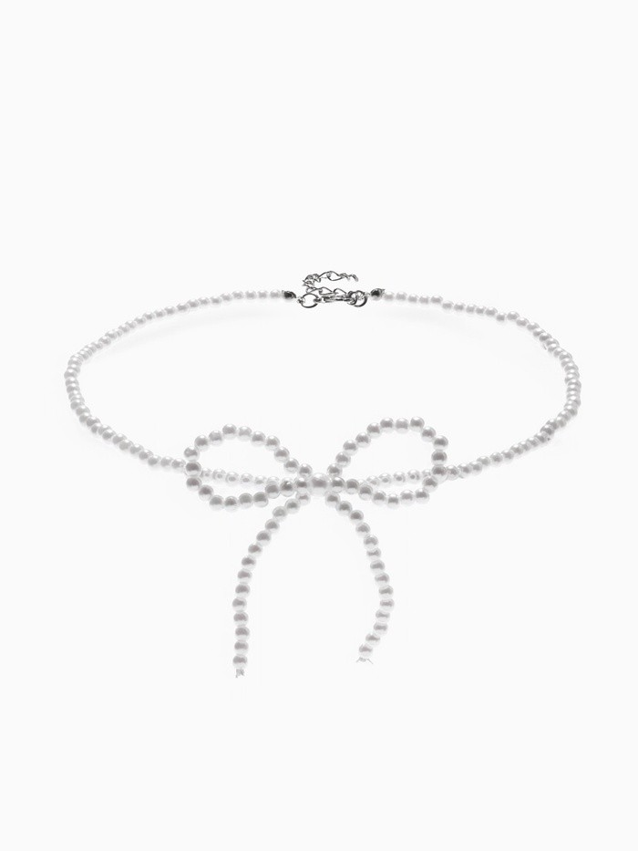 Набор 2 предмета: серьги, колье «Жемчуг» бантик, белый в серебре, 35 см