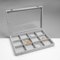 Подставка для украшений QF «Шкатулка» 12 ячеек, 35×24×4,5, стеклянная крышка, цвет серый