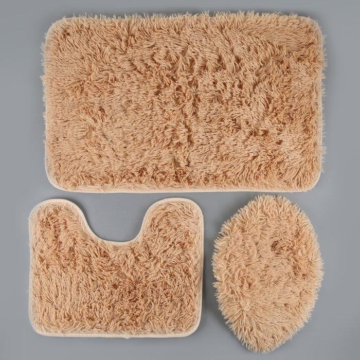 Набор ковриков для ванной и туалета Доляна «Плюшевый», 3 шт: 34×40, 40×50, 50×80 см, цвет бежевый
