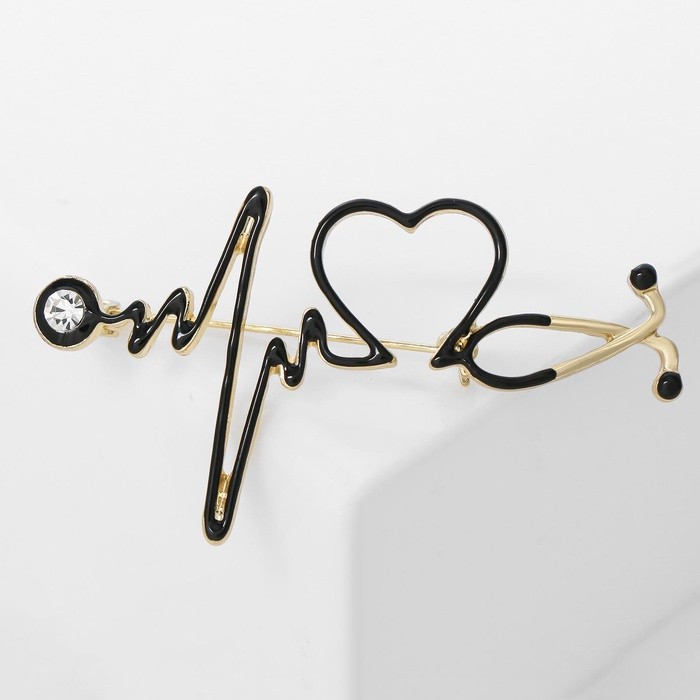 Брошь «Стетоскоп» кардиограмма, цвет чёрный в золоте