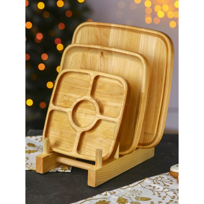 Подарочный набор посуды Adelica «Мечта хозяйки», доска разделочная d=28 см, блюдо для подачи d=24 см, менажница d=20 см, подставка, дерево берёза