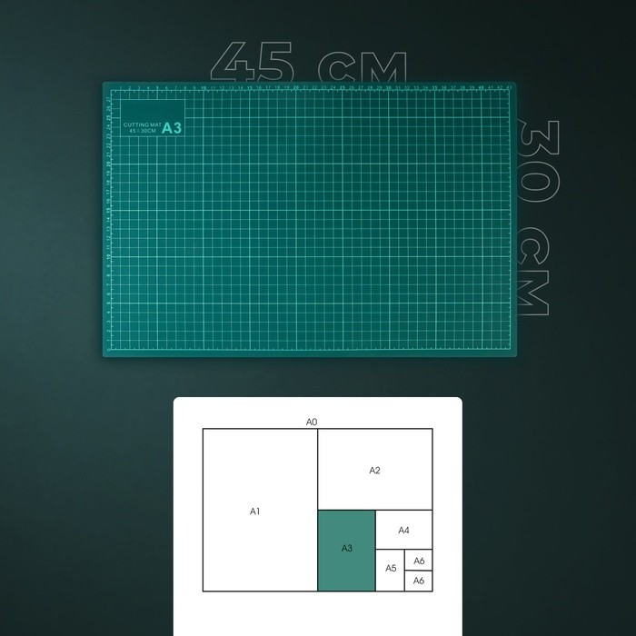 Мат для резки, трёхслойный, 45×30 см, А3, зелёный