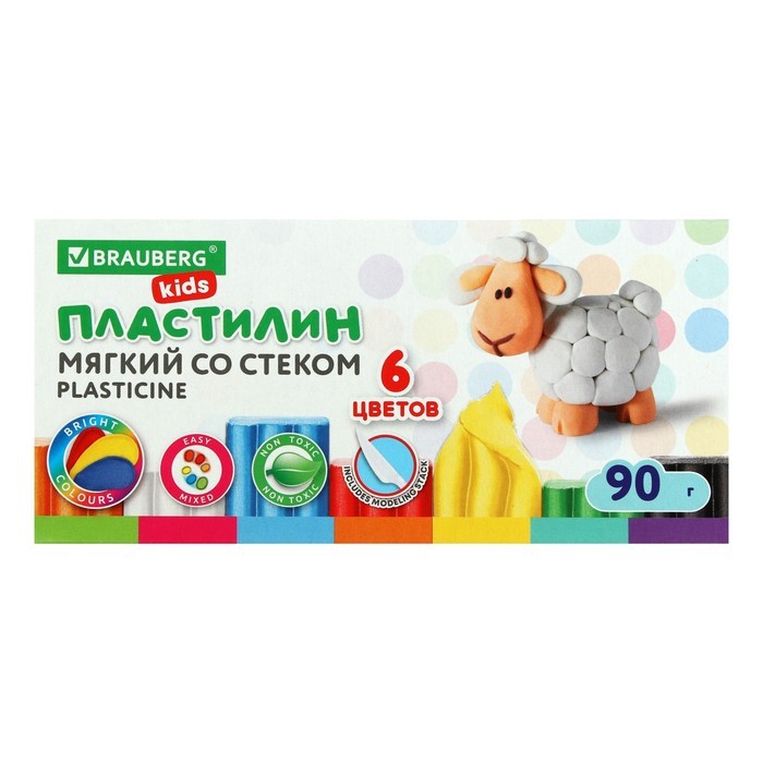 Пластилин мягкий (восковой) 6цв 90г BRAUBERG "KIDS", со стеком 106493