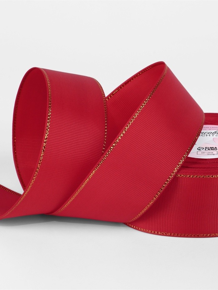 Лента репсовая, с золотым люрексом, 40 мм, 23±1 м, красная №026