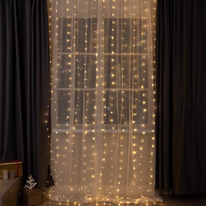 Гирлянда «Занавес» 2 × 3 м роса, IP20, серебристая нить, 450 LED, свечение тёплое белое, 8 режимов, 220 В