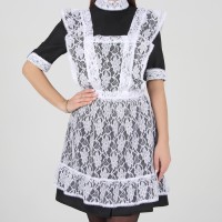 Школьный фартук с воланом по бретелям и низу, гипюр, цветы, р. 42-50, белый