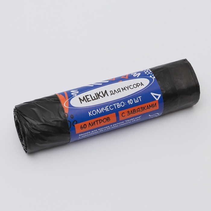Мешки для мусора в рулоне UpakLand с завязками 60 л 25 мкм черные 10 шт.