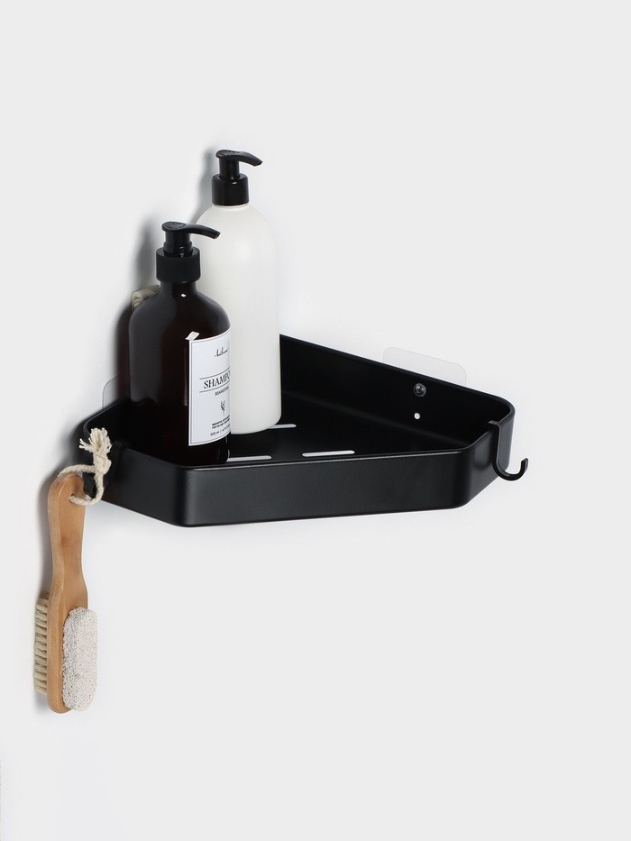 Полка для ванной Stölz, угловая с крючками, чёрная