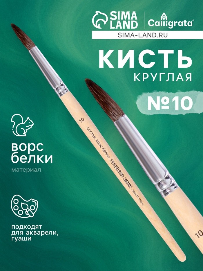 Кисть для рисования, белка, № 10, круглая, деревянная ручка, международный размер