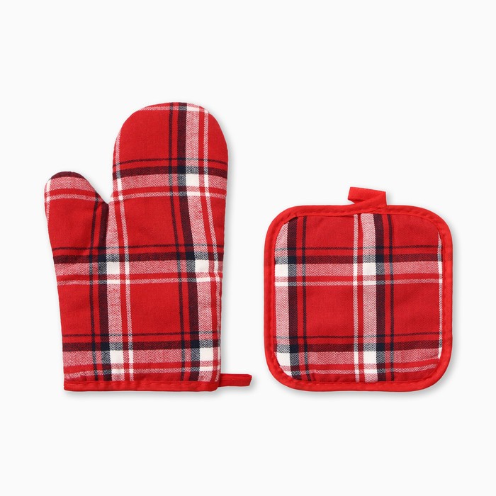 Кухонный набор 2 прихватки Этель Клетка цвет красный прихватка 17*17см, Варежка-прихватка новогодняя 26*16см,100%п/э