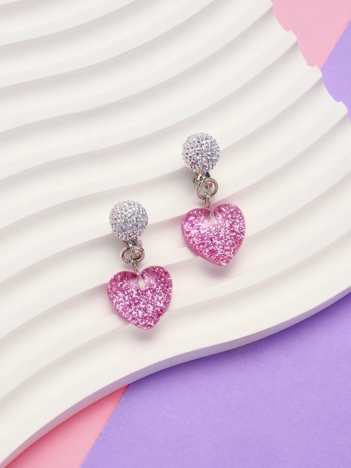 Серьги-клипсы детские «Выбражулька» сердце блестки с кругом кристалл, розово-белые